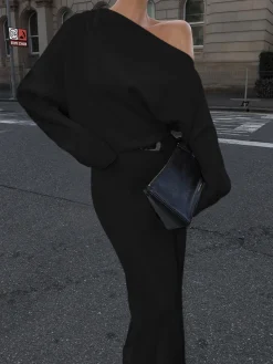 COMMENSE Asymmetrical Off Shoulder Solid Long Sleeve Maxi Dress* White Dresses|Black Dresses