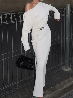 COMMENSE Asymmetrical Off Shoulder Solid Long Sleeve Maxi Dress* Casual Dresses|Work Dresses