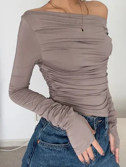 COMMENSE Asymmetrical Off Shoulder Long Sleeve Shirt* Sweater Tops|T-shirts