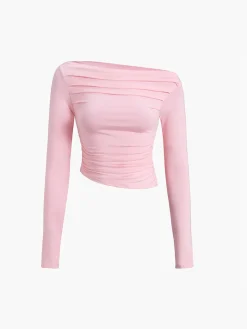 COMMENSE Asymmetrical Off Shoulder Long Sleeve Shirt* Sweater Tops|T-shirts