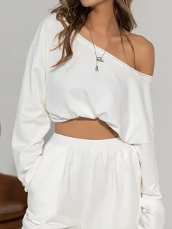 COMMENSE Asymmetrical Off Shoulder Solid Sweatshirt* Sweatshirts & Hoodies|Matching Sets