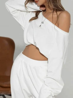 COMMENSE Asymmetrical Off Shoulder Solid Sweatshirt* Sweatshirts & Hoodies|Matching Sets