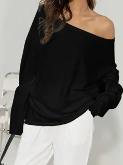 COMMENSE Asymmetrical Off Shoulder Solid Sweatshirt* Sweatshirts & Hoodies|Matching Sets