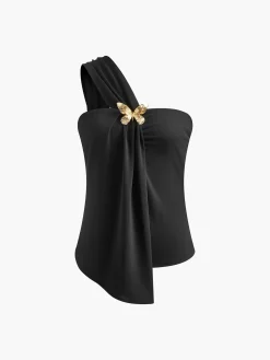 COMMENSE Asymmetrical One Shoulder Metal-Butterfly Tank Top* Tank Tops & Camis|Tops