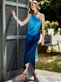 COMMENSE Asymmetrical One Shoulder Gradient Long Dress* Cocktail & Party Dresses|Summer Dresses