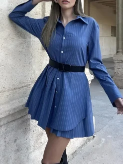 COMMENSE Asymmetrical Pinstripe Pleated Lapel Dress* Casual Dresses|Work Dresses