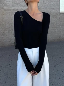 COMMENSE Asymmetrical Plain Long Sleeve T-Shirt* T-shirts|Tops