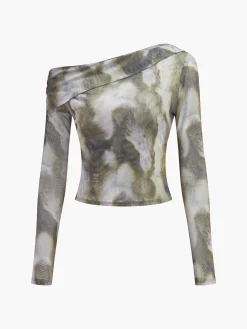 COMMENSE Asymmetrical Printed Crop Mesh Top* Crop Tops|Blouses & Shirts