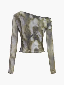 COMMENSE Asymmetrical Printed Crop Mesh Top* Crop Tops|Blouses & Shirts