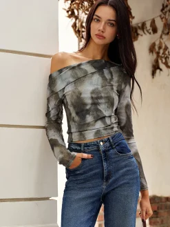 COMMENSE Asymmetrical Printed Crop Mesh Top* Crop Tops|Blouses & Shirts