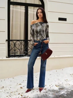 COMMENSE Asymmetrical Printed Crop Mesh Top* Crop Tops|Blouses & Shirts