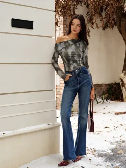 COMMENSE Asymmetrical Printed Crop Mesh Top* Crop Tops|Blouses & Shirts