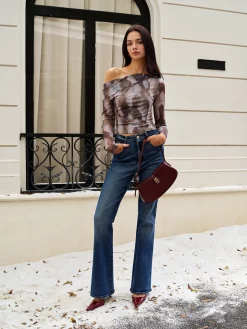 COMMENSE Asymmetrical Printed Crop Mesh Top* Crop Tops|Blouses & Shirts