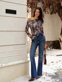 COMMENSE Asymmetrical Printed Crop Mesh Top* Crop Tops|Blouses & Shirts