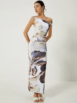 COMMENSE Asymmetrical Printed Off-Shoulder Slim Long Dress* Casual Dresses|Work Dresses