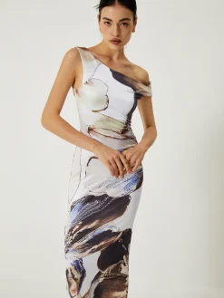 COMMENSE Asymmetrical Printed Off-Shoulder Slim Long Dress* Casual Dresses|Work Dresses