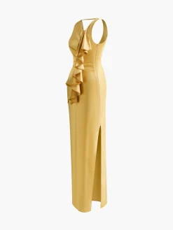 COMMENSE Asymmetrical Ruffle Backless Long Dress* Cocktail & Party Dresses|Vacation Dresses
