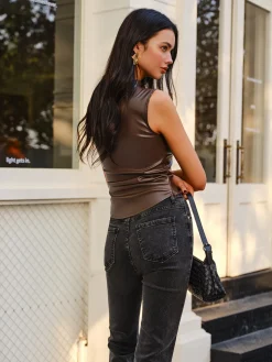 COMMENSE Asymmetrical Skinny Faux Leather Tank Top* Tank Tops & Camis|Tops