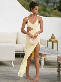COMMENSE Asymmetrical Split Thigh Cutout Long Dress* Vacation Dresses|Summer Dresses