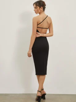 COMMENSE Asymmetrical Strap Open Back Midi Dress* Black Dresses|Sweater Dresses