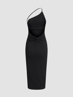 COMMENSE Asymmetrical Strap Open Back Midi Dress* Black Dresses|Sweater Dresses