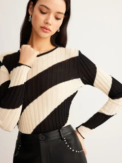 COMMENSE Asymmetrical Striped Slim Knit Top* Sweater Tops|Sweaters & Cardigans