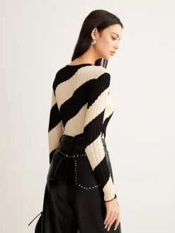 COMMENSE Asymmetrical Striped Slim Knit Top* Sweater Tops|Sweaters & Cardigans