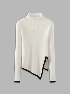 COMMENSE Asymmetrical Trim Mock Neck Sweater* Sweater Tops|Sweaters & Cardigans