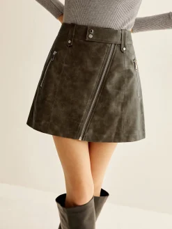 COMMENSE Asymmetrical Zipper Pockets Faux Leather Skirt* Skirts|Bottoms