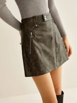 COMMENSE Asymmetrical Zipper Pockets Faux Leather Skirt* Skirts|Bottoms
