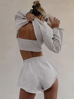 COMMENSE Athleisure Long Sleeve Three Piece Shorts Set* Shorts Sets|Long Sleeve Sets