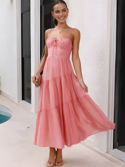 COMMENSE Back Smocking Design Tiered Cami Long Dress* Casual Dresses|Vacation Dresses