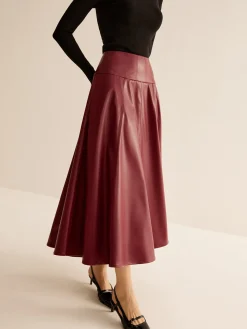 COMMENSE Back Zipper Pleated Faux Leather Skirt* Skirts|Bottoms