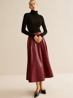 COMMENSE Back Zipper Pleated Faux Leather Skirt* Skirts|Bottoms
