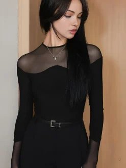 COMMENSE Back Zipper Sheer Panel Blouse* Blouses & Shirts|Tops