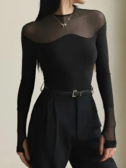 COMMENSE Back Zipper Sheer Panel Blouse* Blouses & Shirts|Tops