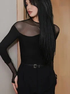COMMENSE Back Zipper Sheer Panel Blouse* Blouses & Shirts|Tops