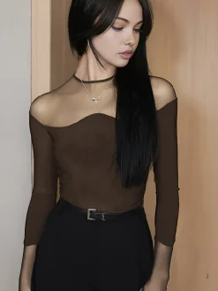 COMMENSE Back Zipper Sheer Panel Blouse* Blouses & Shirts|Tops