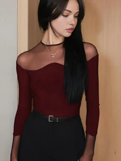 COMMENSE Back Zipper Sheer Panel Blouse* Blouses & Shirts|Tops