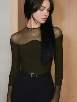 COMMENSE Back Zipper Sheer Panel Blouse* Blouses & Shirts|Tops
