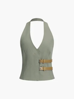 COMMENSE Backless Belted Halter Top* Tank Tops & Camis|Tops