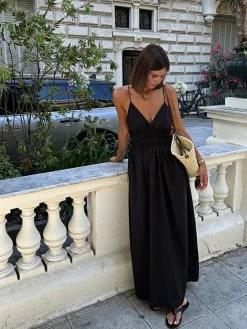 COMMENSE Backless Drawstring Cami Long Dress* Black Dresses|Casual Dresses