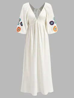 COMMENSE Backless Embroidery V-Neck Floral Dress* White Dresses|Casual Dresses