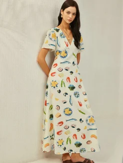 COMMENSE Backless Knotted Floral V-Neck Dress* White Dresses|Casual Dresses