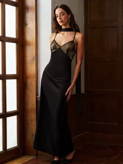 COMMENSE Backless Long-Ribbon Lace Panel Satin Cami Dress* Dresses