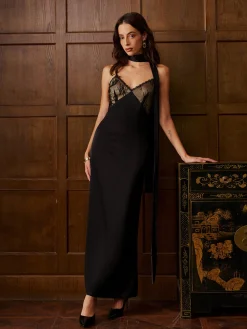 COMMENSE Backless Long-Ribbon Lace Panel Satin Cami Dress* Dresses