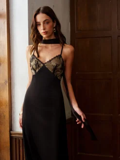 COMMENSE Backless Long-Ribbon Lace Panel Satin Cami Dress* Dresses