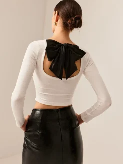 COMMENSE Backless Pleated Bow Crop T-Shirt* Crop Tops|T-shirts