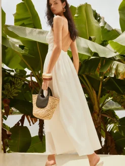 COMMENSE Backless Pleated Deep V-Neck Dress* White Dresses|Casual Dresses