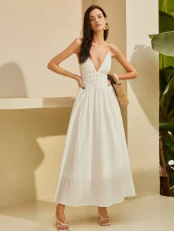 COMMENSE Backless Pleated Deep V-Neck Dress* White Dresses|Casual Dresses